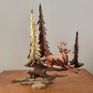 Vintage Home Interior 3D Metal Deer & Drift Wood Sculpture Shelf Or Wall Art